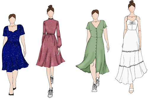 Fashion illustration of four women in casual A-line dresses in blue, mauve, green, and white styles.