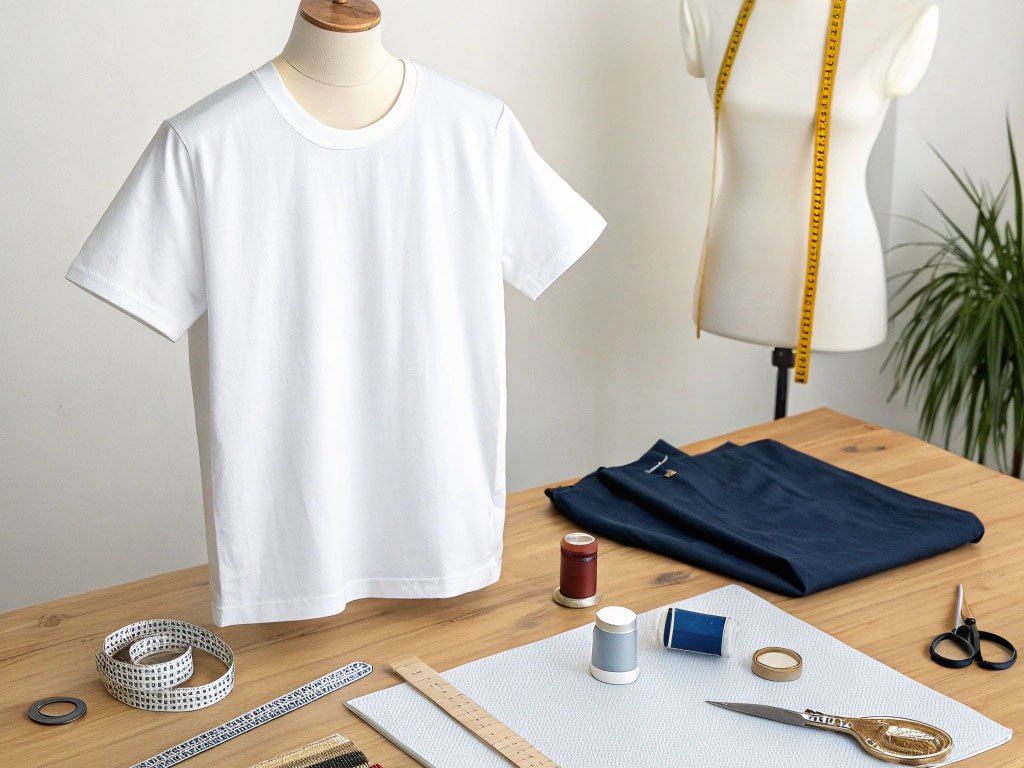 Tailor’s table with a white T-shirt on a mannequin, fabric, threads, rulers, scissors, and measuring tape.