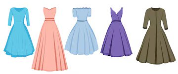 Vector illustration of five different dress styles in blue, pink, purple, and green tones.