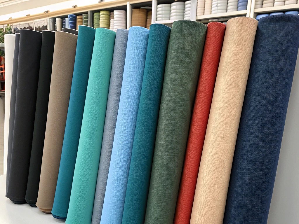 Vertical rolls of fabric in various solid colors arranged side by side in a textile store.