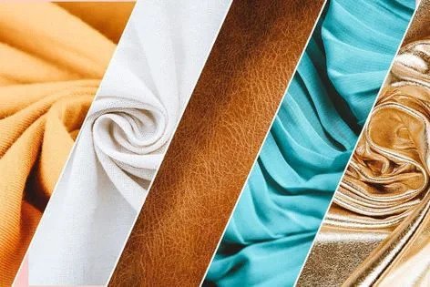 Diagonal collage of five different fabric types including knit, cotton, leather, pleated chiffon, and metallic gold.