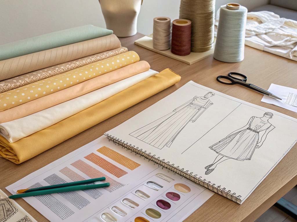 Fashion sketchbook with dress illustrations, pastel fabric rolls, color swatches, and thread spools on a designer’s studio table.
