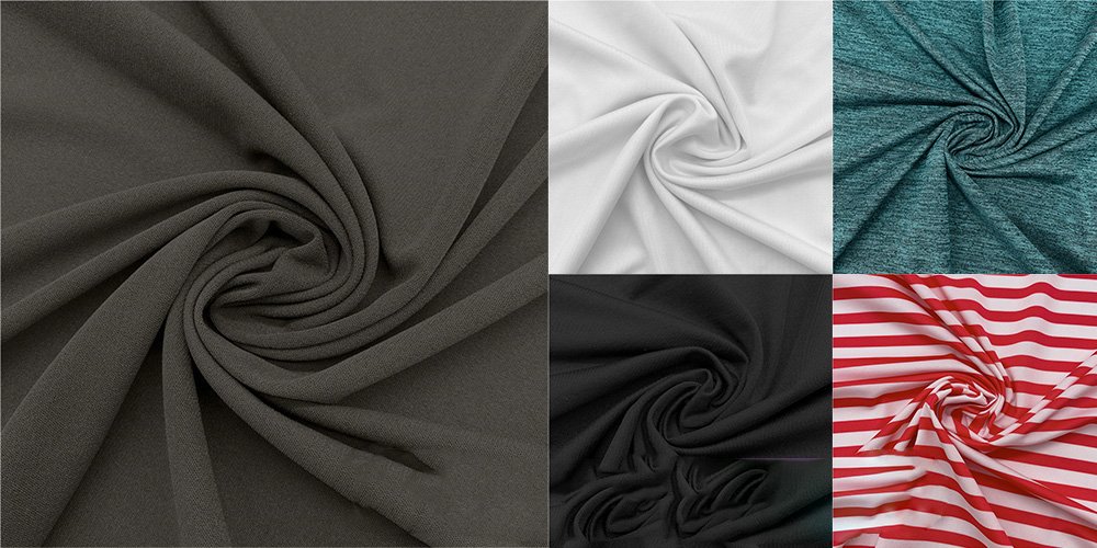 Collage of six jersey knit fabrics in various colors and patterns, including solid and striped designs.