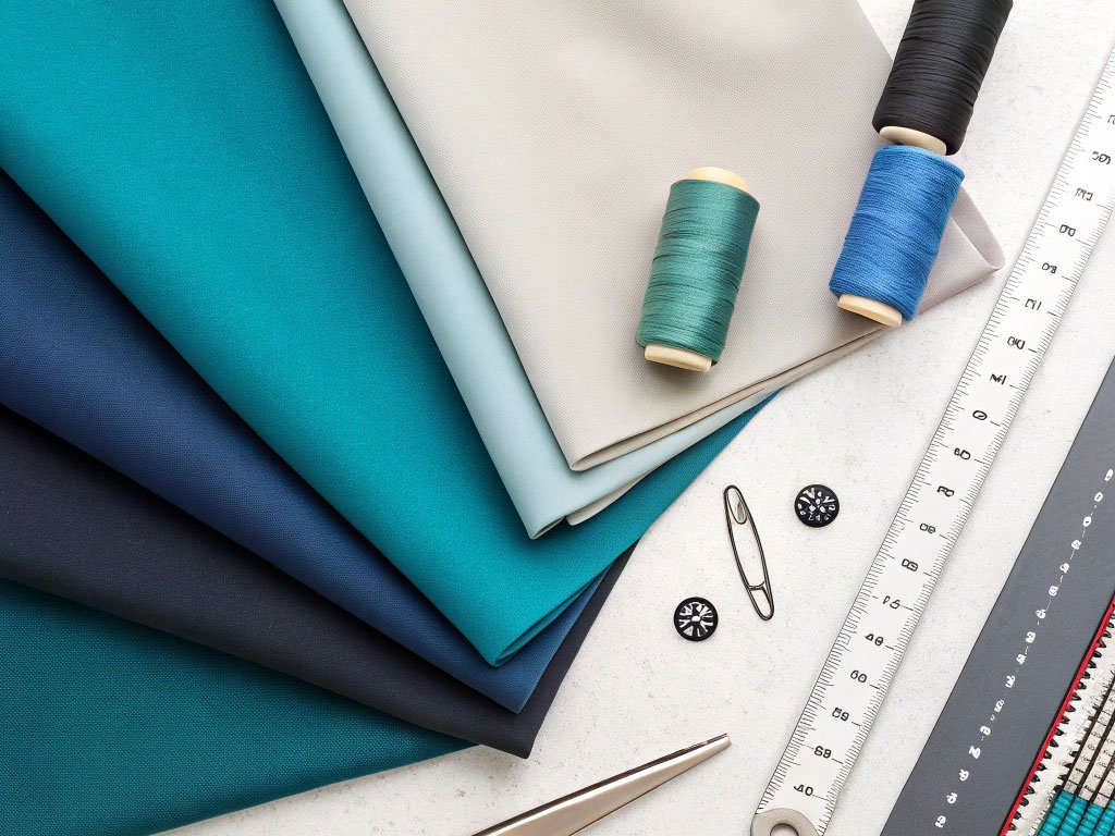 Wrinkle-resistant fabric swatches in cool tones with spools of thread, ruler, scissors, and buttons.