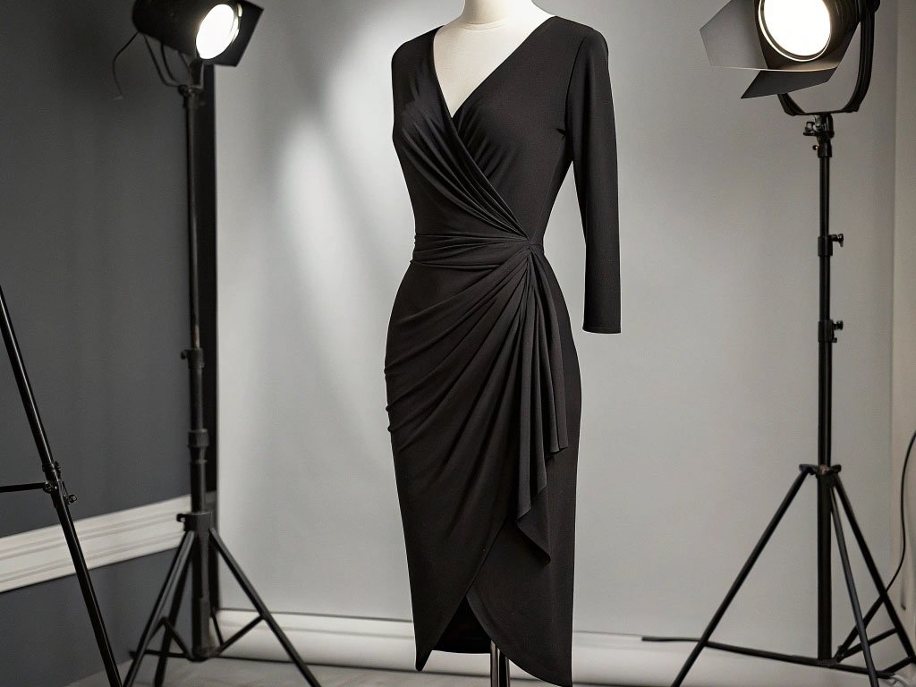 Black wrap dress with ruched detail displayed on a mannequin under professional studio lighting setup.