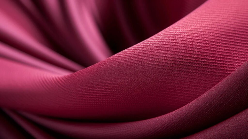 Close-up of deep red fabric with fine horizontal texture and elegant folds.