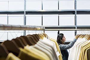 Woman browsing a clothing rack filled with beige and white garments in a modern, minimalist store.