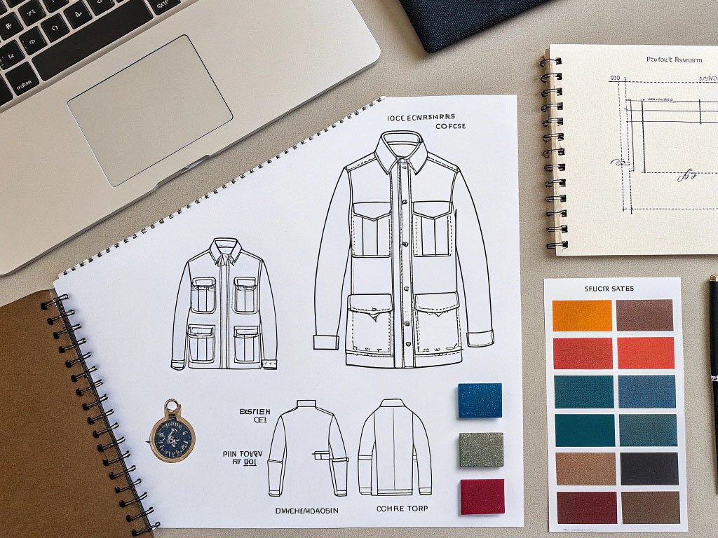 Flat lay of fashion tech pack with jacket sketches, color swatches, fabric samples, and measurement specs.