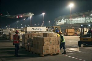 Workers loading clothing boxes for air cargo at night