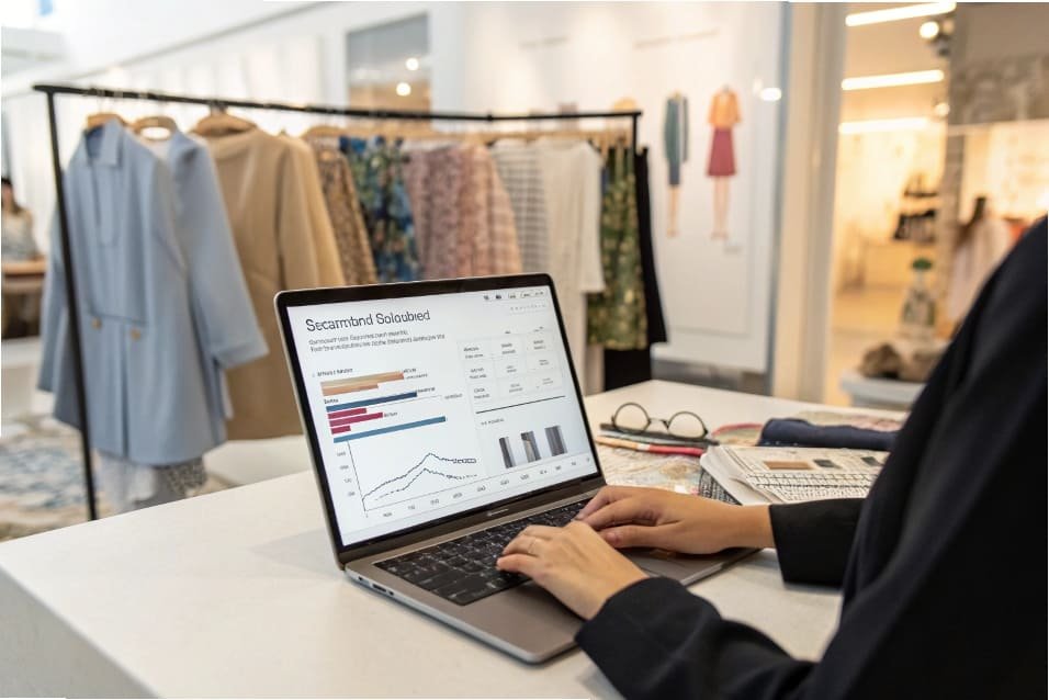 A fashion professional analyzing sales data and product designs on a laptop in a clothing store with garments on display.