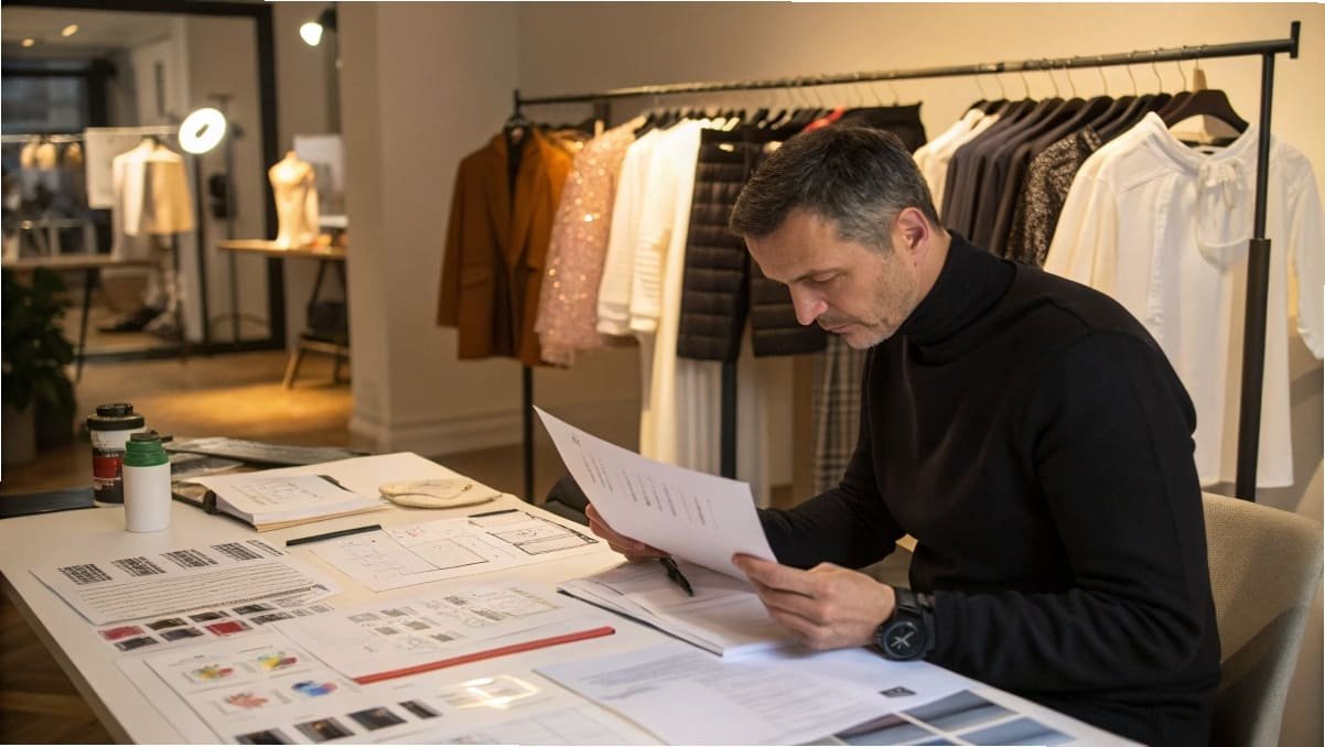 Designer checks designs while seated at a table.