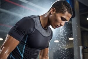 Man wearing black moisture-wicking sports shirt sweating during workout.