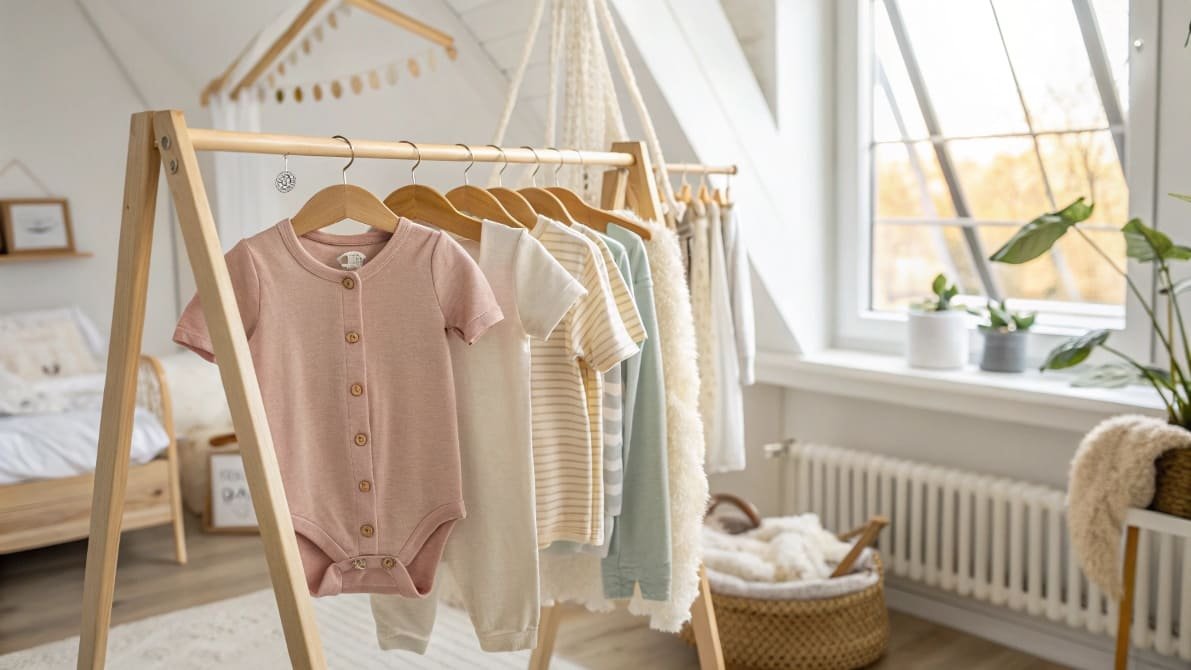Soft pastel baby clothes hanging on wooden rack