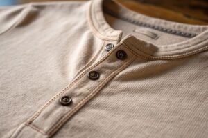 Close-up of beige Henley shirt with three buttons.