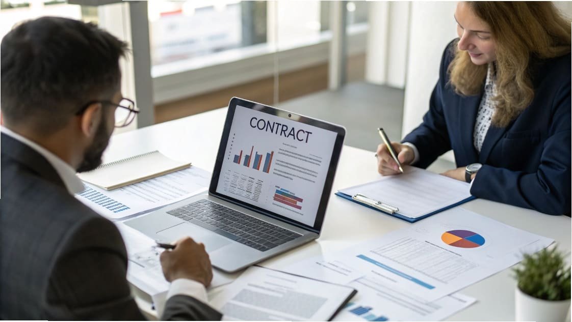 Two professionals reviewing a digital contract on laptop