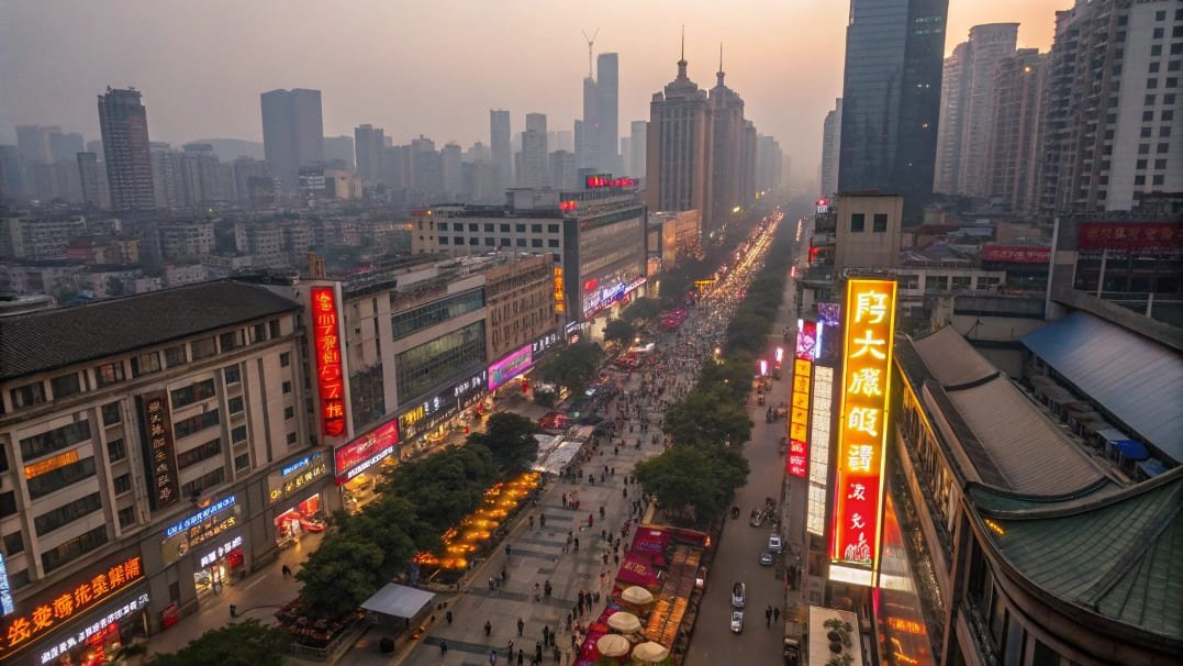 Busy commercial street with bright neon signs at sunset