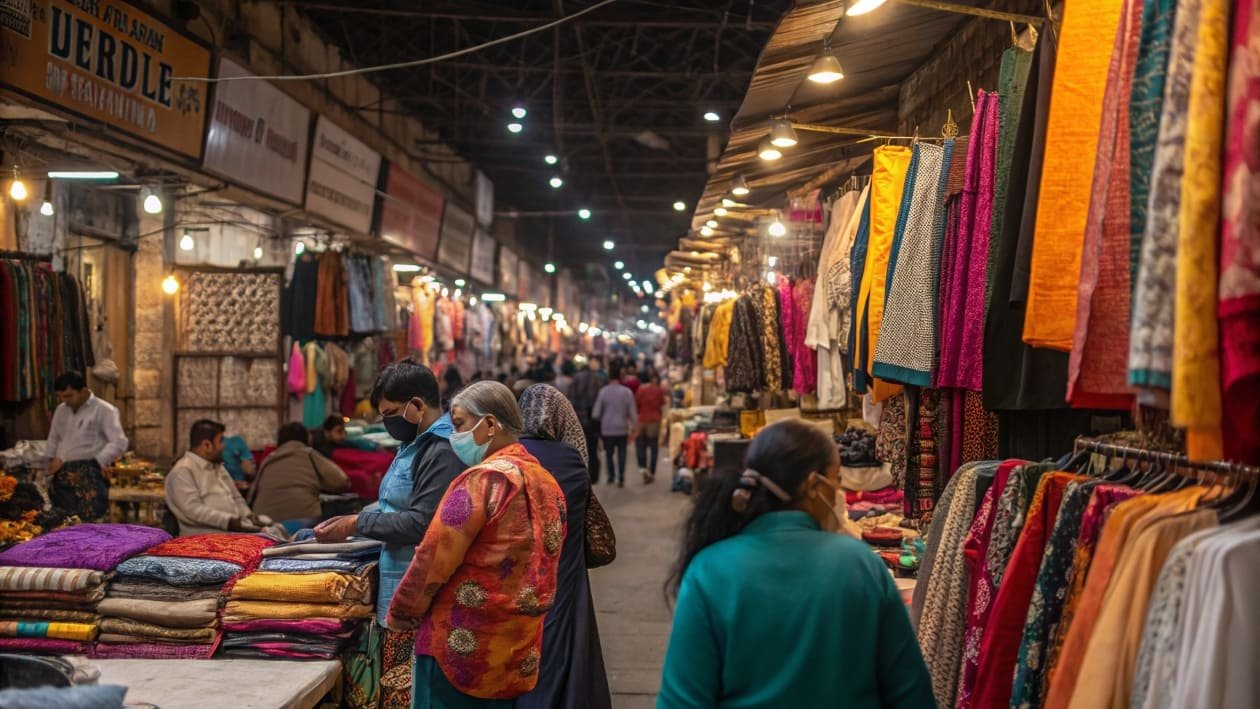 People shopping in a vibrant fabric market with colorful textiles displayed on both sides.