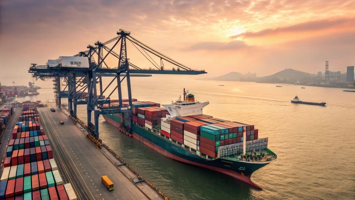 Large container ship docked at shipping port during sunset