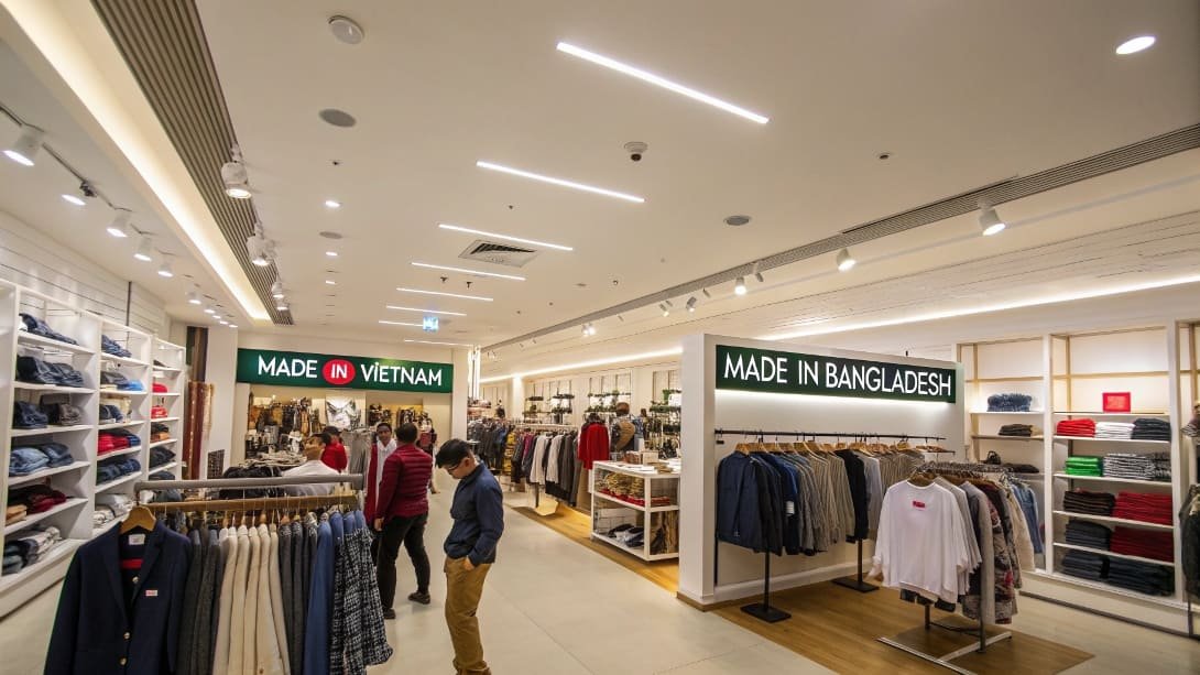 Clothing store with sections labeled Made in Vietnam and Bangladesh