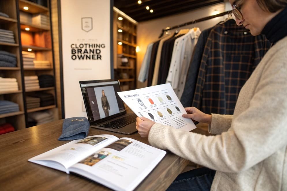 A clothing brand owner reviewing a catalog while looking at a model on a laptop in a stylish store.