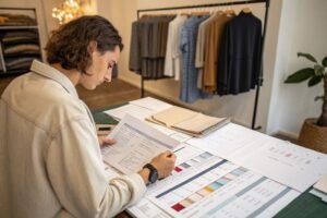 A designer reviewing fabric samples and color swatches for a clothing collection, surrounded by clothes on racks.
