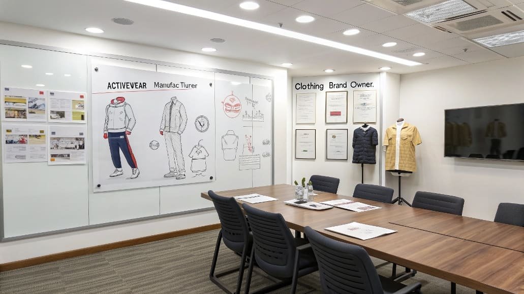 A modern office with clothing designs, certificates, and a meeting table.