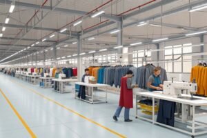 Workers sewing garments in a large clothing factory with vibrant clothing items hanging and organized workstations.