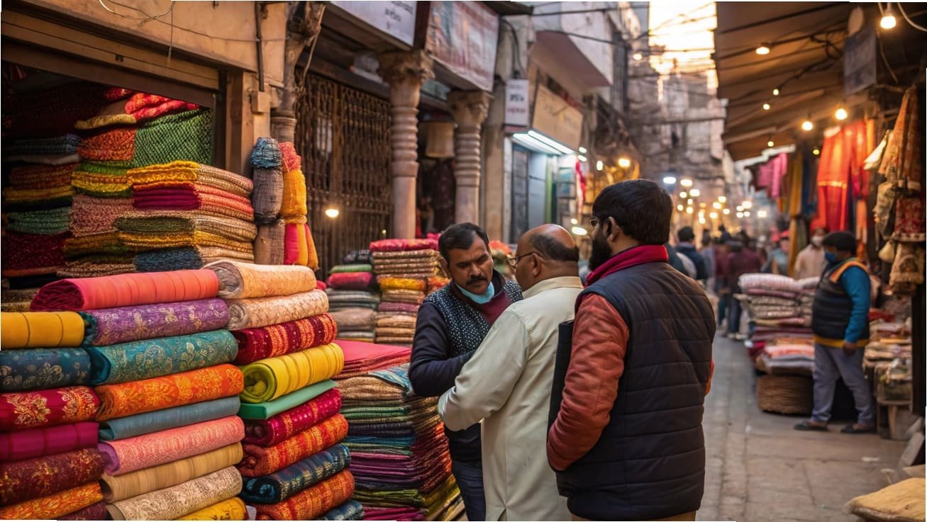 Vibrant fabric stacks in a busy traditional textile market