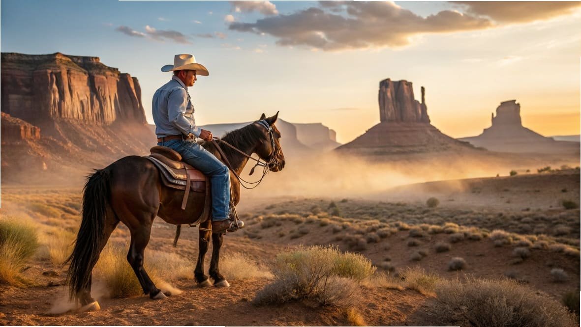 Cowboy riding horse through Monument Valley at sunset