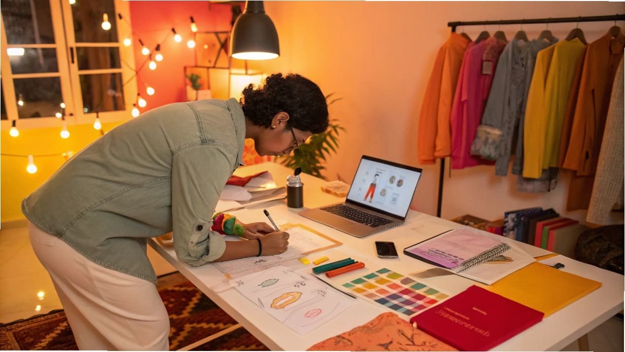 Fashion designer sketching ideas at a colorful studio desk with fabric swatches.