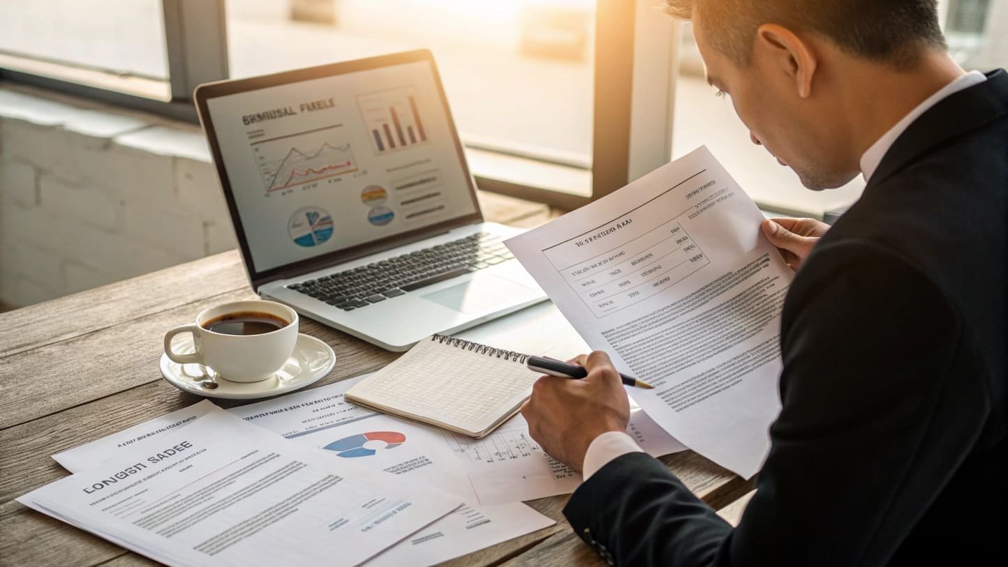 Business professional reviewing reports and analyzing data on a laptop.