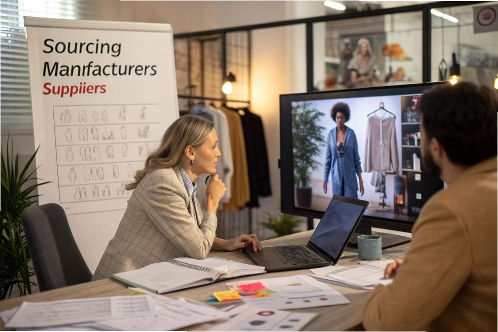 A fashion designer in a studio having a video call on a tablet with another professional, surrounded by fabric rolls and clothing sketches.