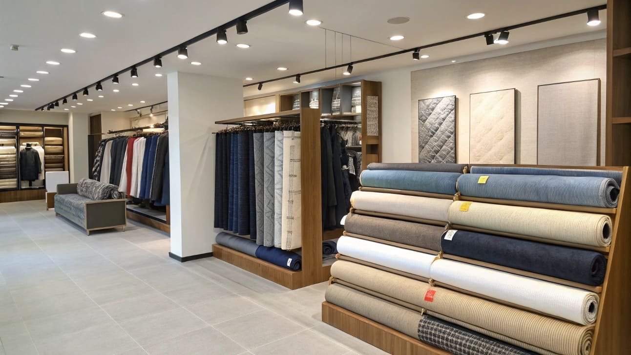 Rolls of fabric in various colors displayed in a textile store.