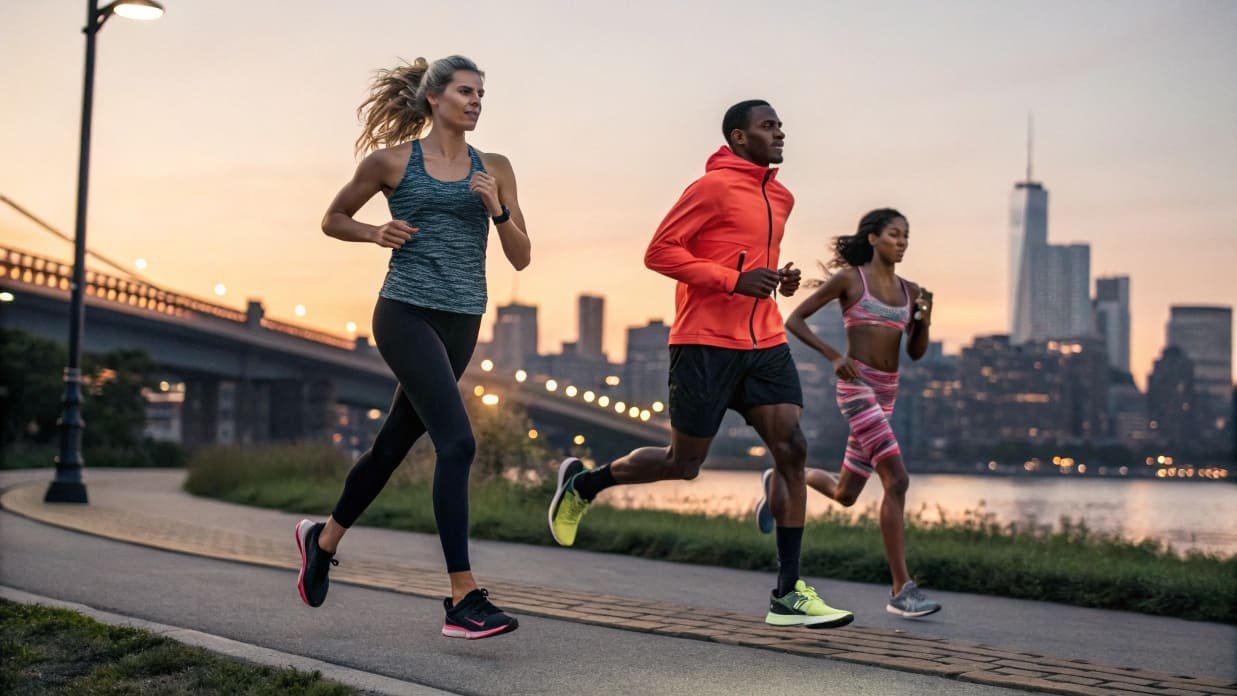 Three people jogging near a river at sunset with a city skyline.
