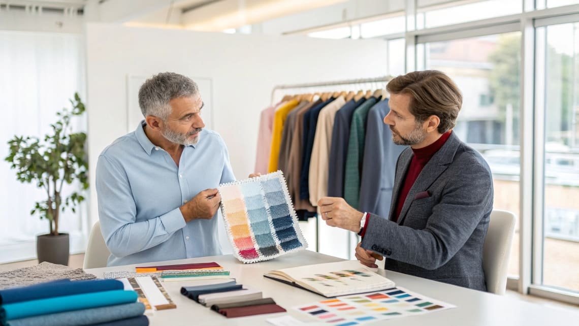 Two professionals discussing fabric swatches and colors for clothing design.