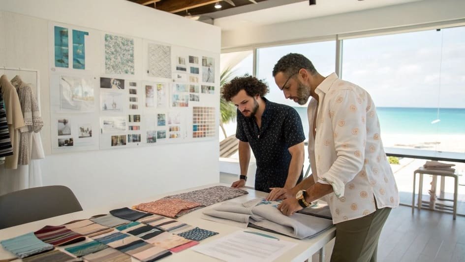 Two men reviewing fabric samples in fashion studio