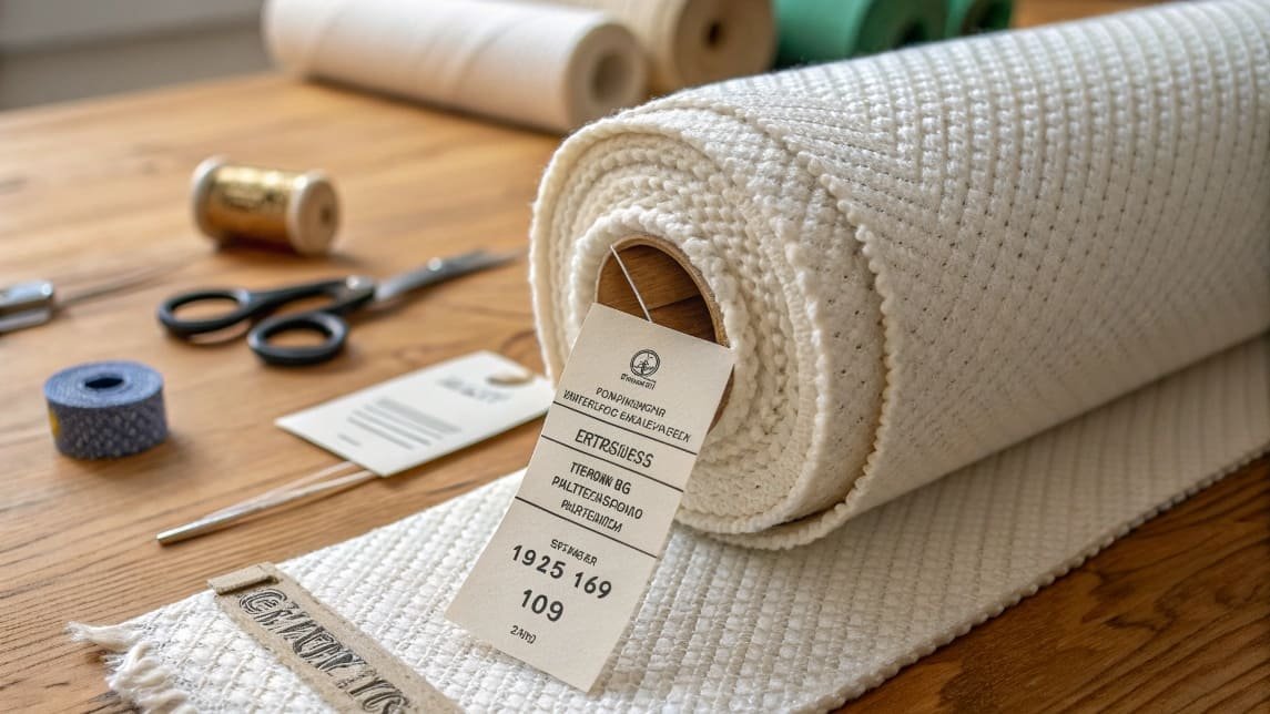 Close-up of a rolled white fabric with a product tag