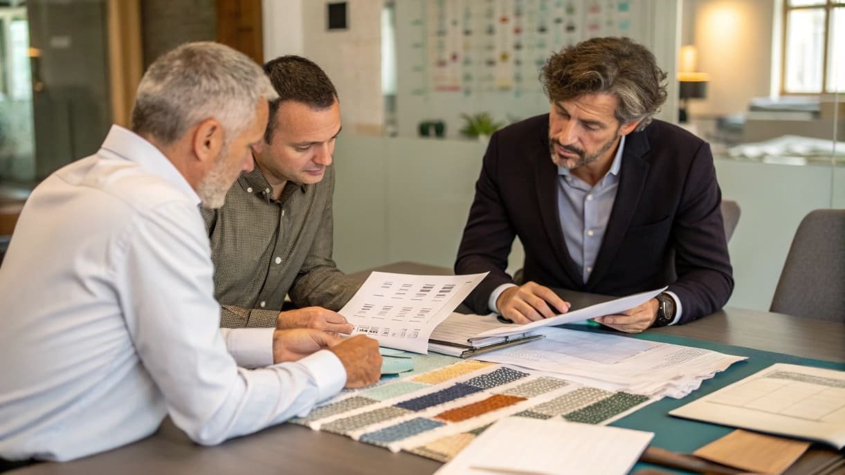 Professionals discussing fabric samples and designs during a meeting.