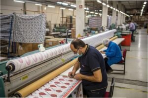 Workers operating fabric printing machines in a textile factory, with printed patterns on rolls of fabric.