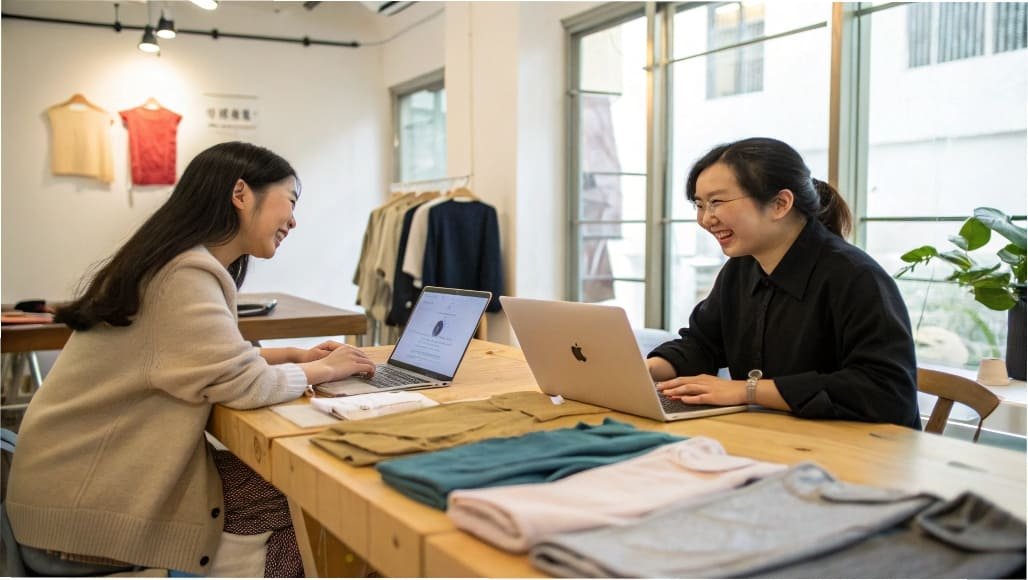 Two women working on laptops in a fashion studio