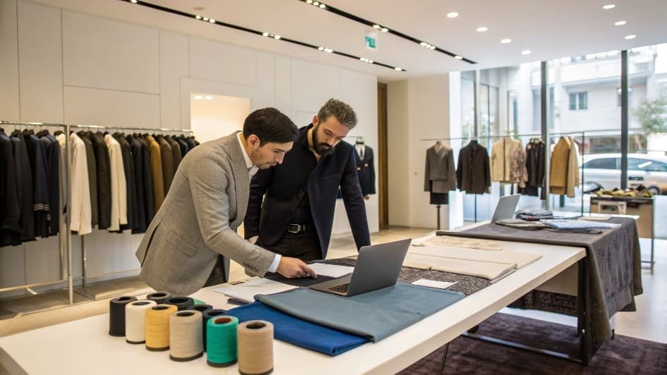 Two men review fashion designs on laptop with fabric samples