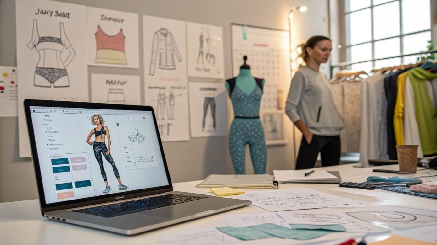 Designer working with digital clothing design software for athletic wear.