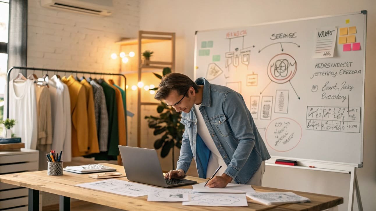 Designer working at a desk with sketches, laptop, and clothes rack in the background.