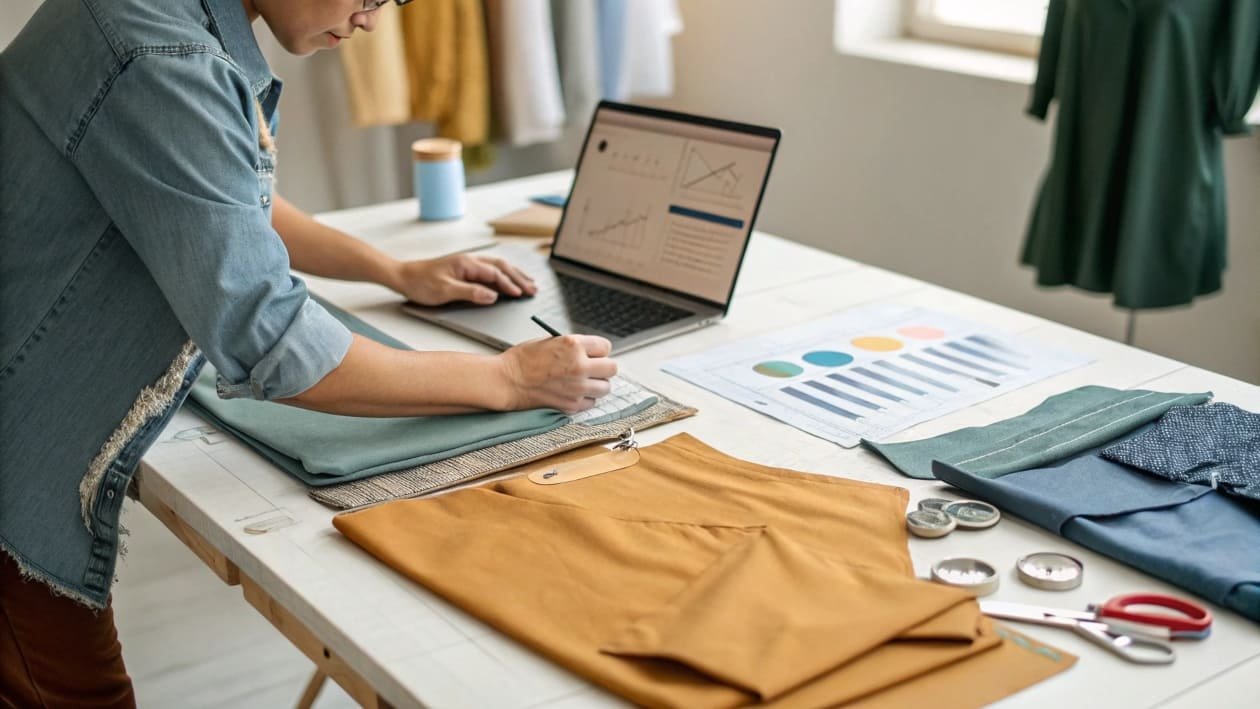 A fashion designer working on fabric and data analysis.