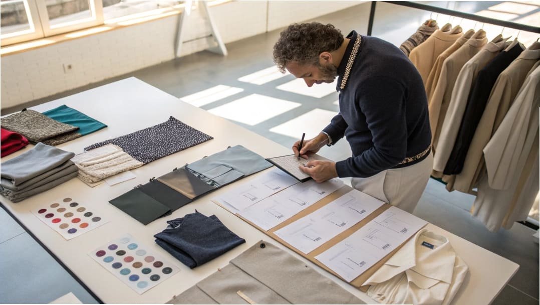 Designer reviewing fabric samples and color swatches in a showroom.