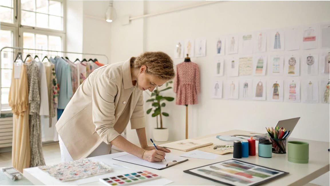 Designer sketching clothing ideas in creative studio
