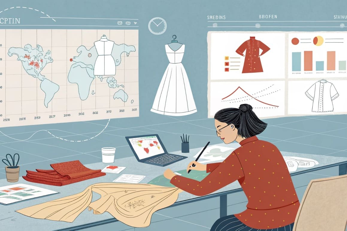 Fashion designer working on garment design using a laptop and paper sketches.