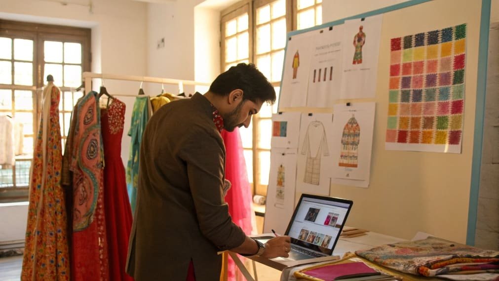 Designer working on laptop with colorful dresses and fabric samples