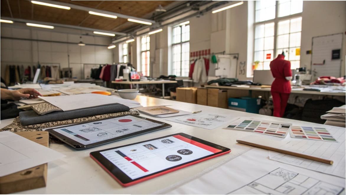 Creative fashion studio with tablets, sketches, and fabric swatches on table