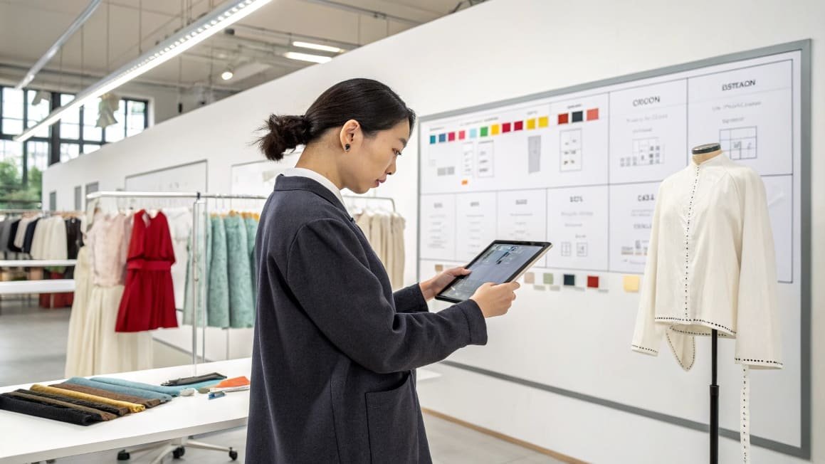 Fashion designer using a tablet in a modern studio, reviewing clothing designs.
